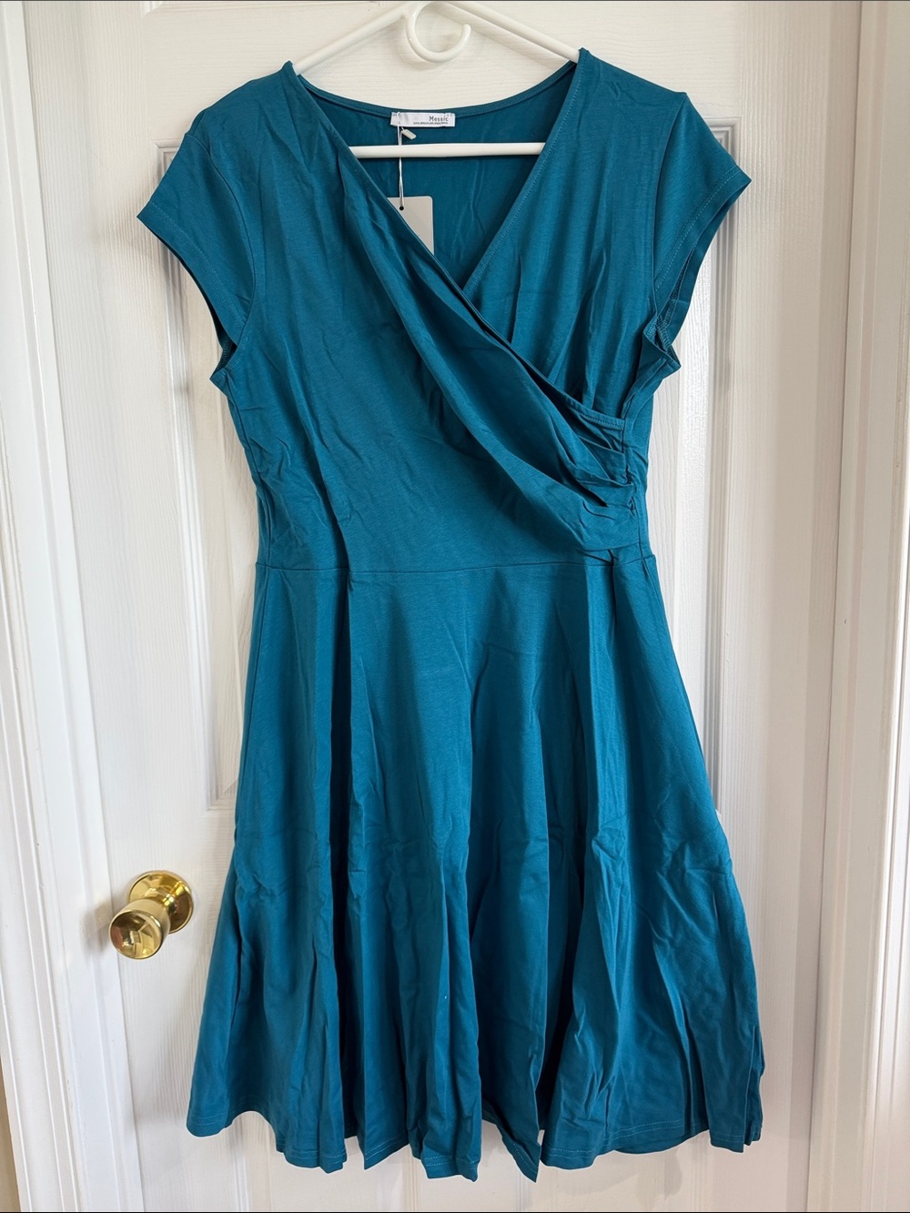 NWT Women's Teal Faux-Wrap Midi Dress with Cap Sleeves